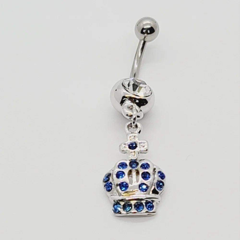 Sterling Silver Belly button Ring blue crown